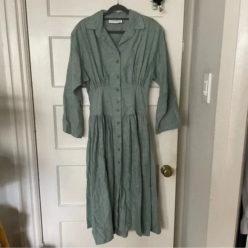 Vintage 90s Boussac de Paris Sage Green Cotton Maxi Dress French Label